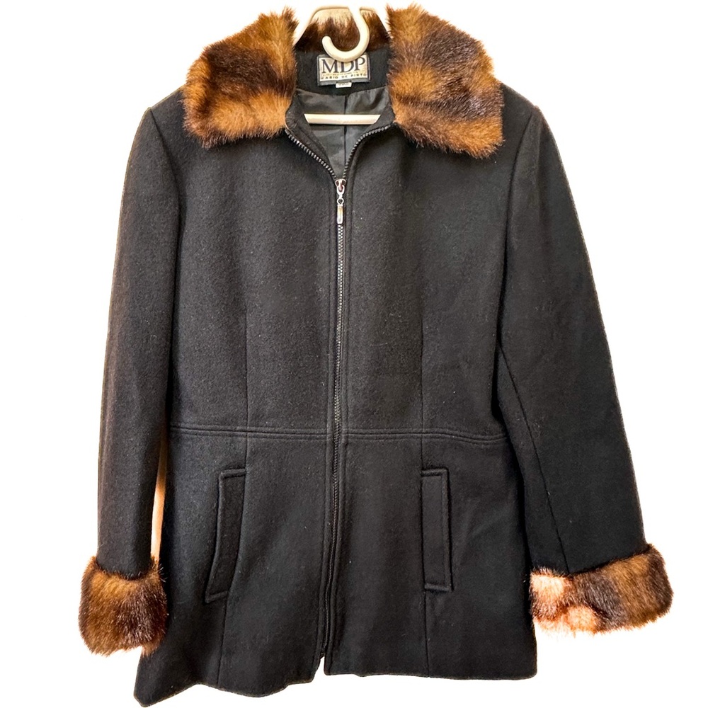 MDP Mario De Pinto Wool Blend Animal Print Fur Trim Coat Black Vintage